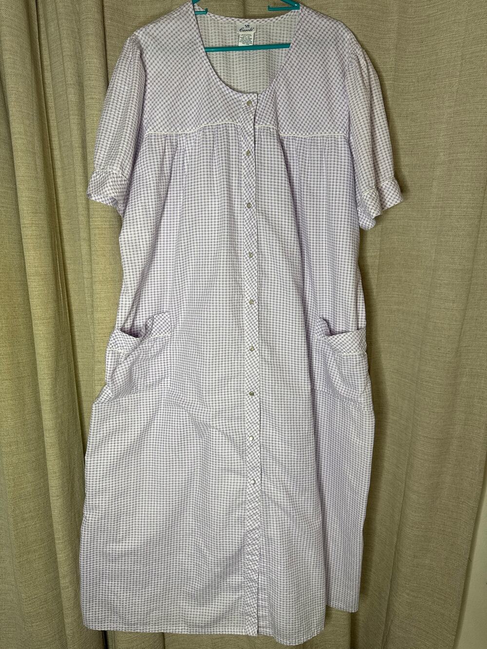 VTG Carole Purple Gingham Seersucker Housecoat Robe Pockets Cottagecore 2XL